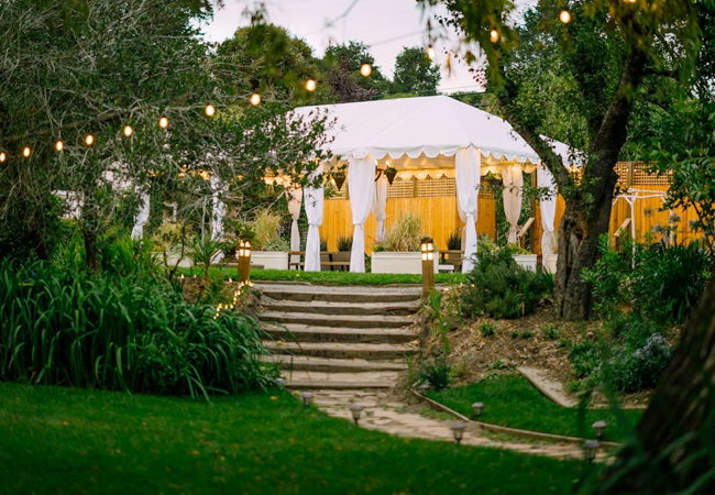 Lawn decorated for event with tent and fairylights