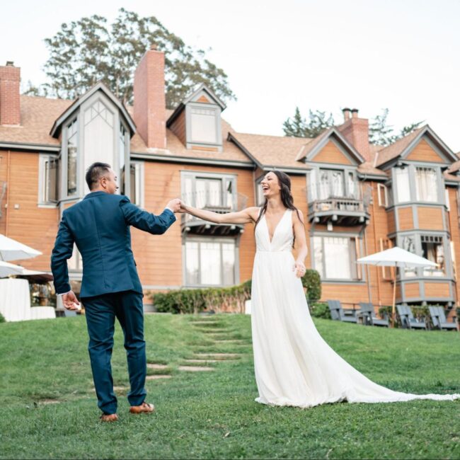 Dancing Bride and Groom on the Lawn