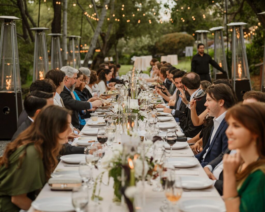 A long dinner table outdoors with guests talking